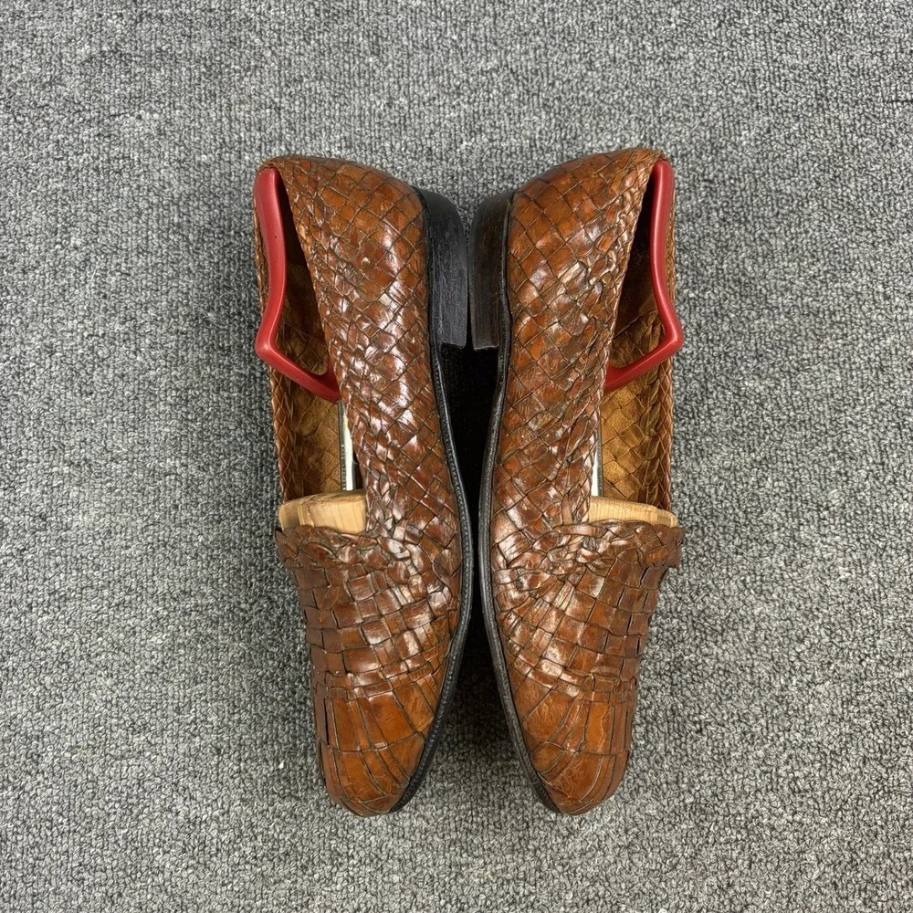 Moreschi Woven Leather Loafers Mens 10 Brown Handmade Italy Basket Weave Slip On